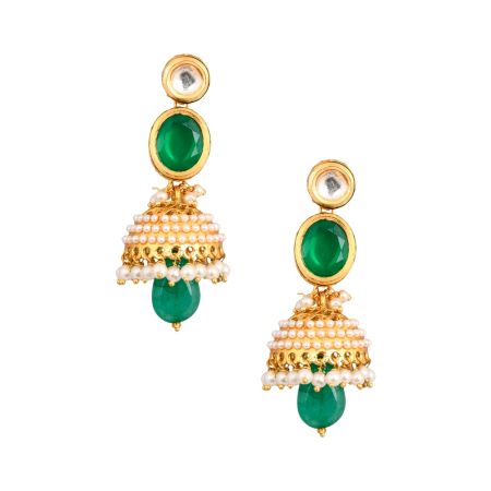 Mirror & Green Stone Jhumka Earrings with Pearl Dome Pair